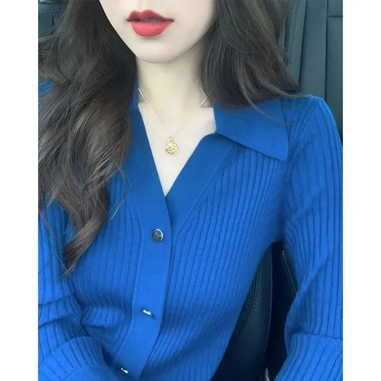 秋冬克莱因蓝翻领针织开衫女洋气修身内搭打底毛衣设计感小众上衣