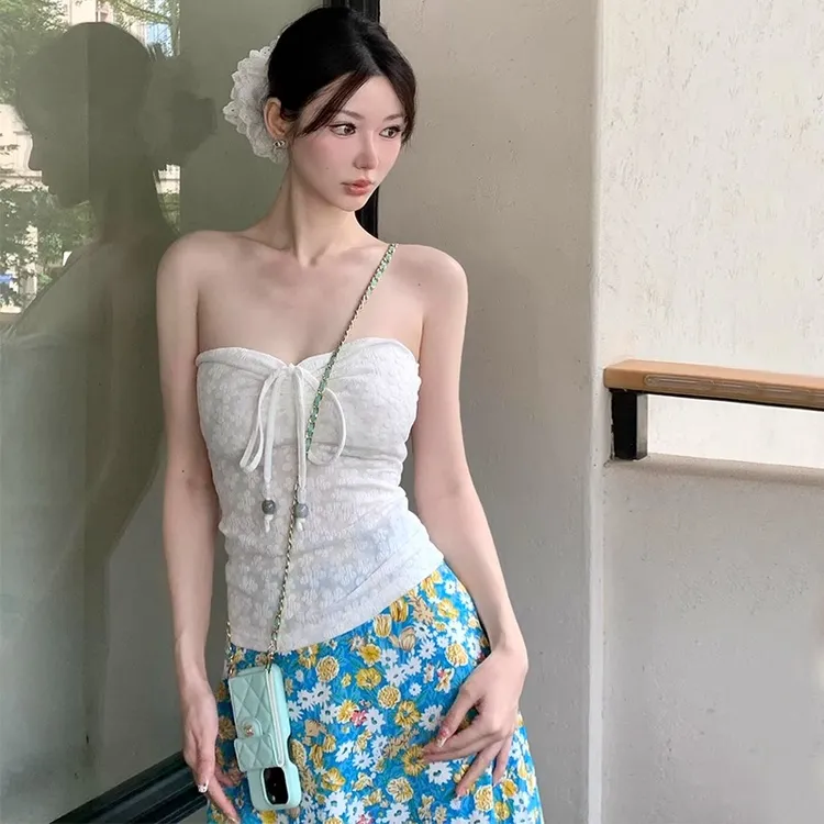 海边度假风套装法式抽绳抹胸背心上衣女早秋蓝色碎花半身裙两件套