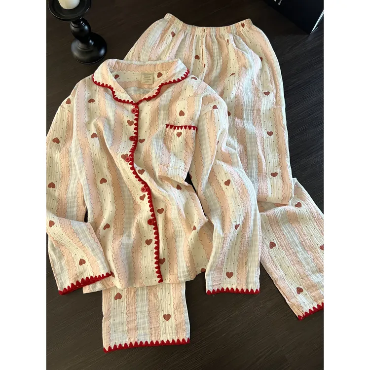 可爱休闲甜美爱心印花睡衣女春秋季新款长袖长裤可外穿家居服套装