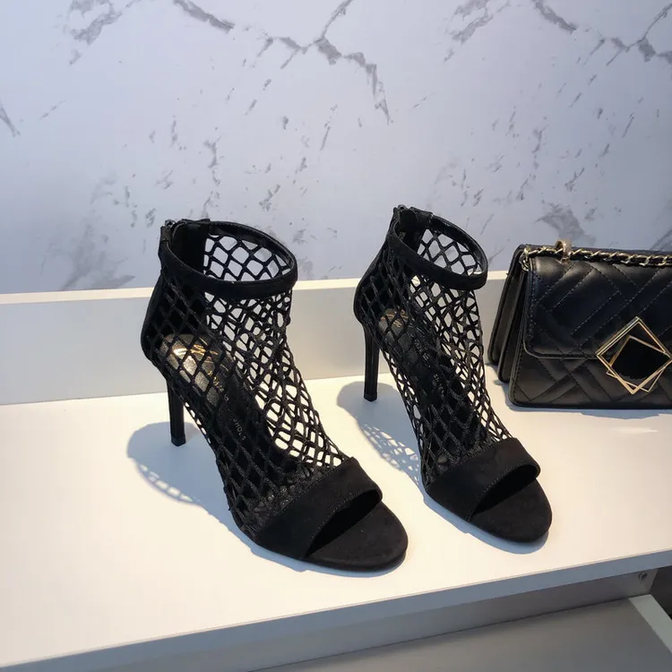 网面镂空凉靴女新款夏季透气网红时尚瘦瘦靴踝靴鱼嘴细跟高跟短靴