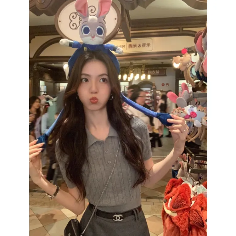 灰色Polo领麻花针织衫短袖t恤女2025新款夏季短款修身小个子上衣