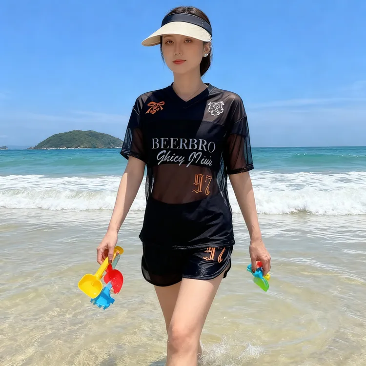 夏季大码泳衣网纱拼接短袖女休闲度假风宽松遮肉显瘦温泉泳装2025