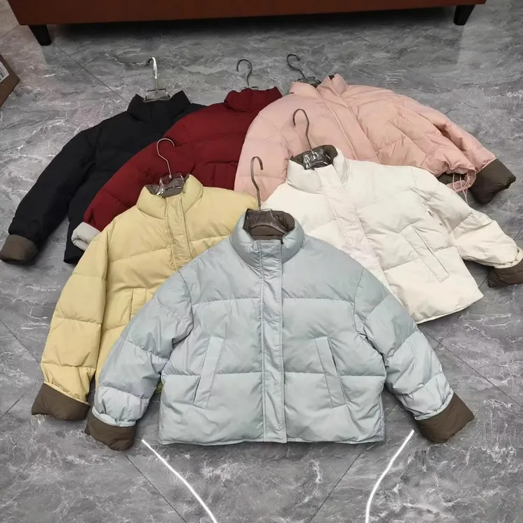 袖口撞色拼接羽绒服女短款2025冬季新款小个子立领绒保暖外套鸭绒