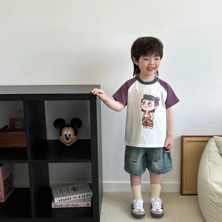 新款儿童卡通哪吒短袖T恤拼接宽松休闲百搭中大小男女儿童宝宝潮t