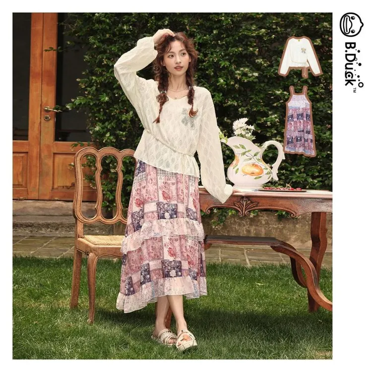 B.Duck2025夏季甜美可爱少女蕾丝长袖罩衫雪纺印花吊带长裙套装女