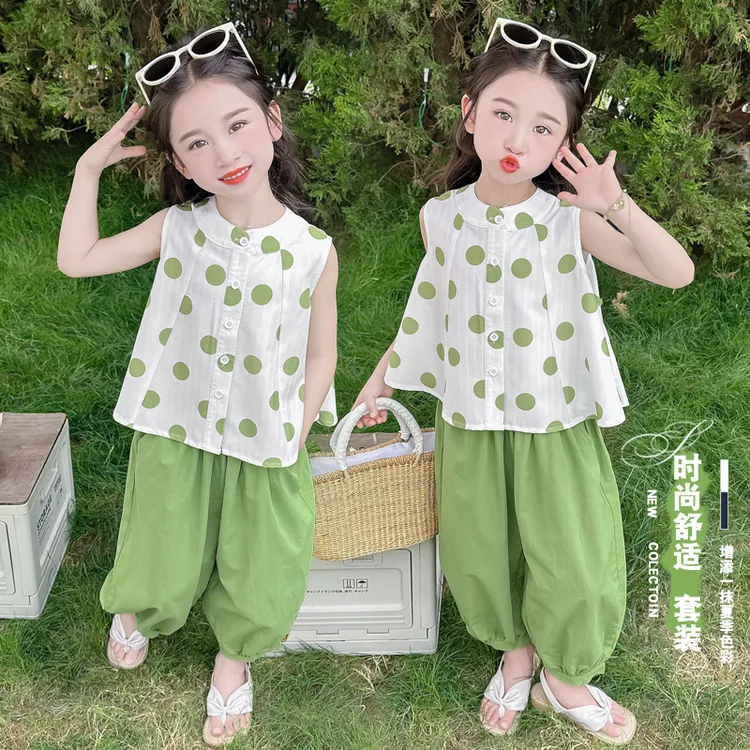 女童夏装套装2025新款儿童小清新背心无袖上衣女宝宝防蚊裤两件套