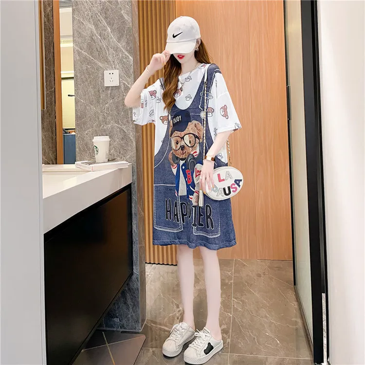 夏季大码防晒假两件背带冰丝速干T恤女2025短袖中长款慵懒风上衣