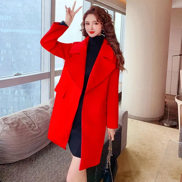 红色毛呢外套女中长款秋冬季2024新款小个子高档加厚羊毛呢子大衣