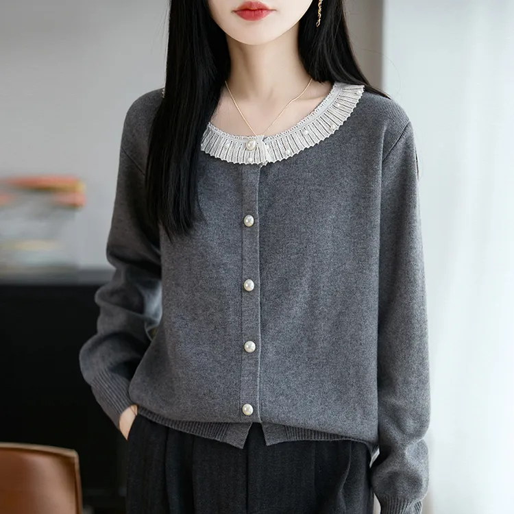 大码女装撞色花边针织开衫外穿春秋2025新款胖mm宽松减龄上衣毛衣