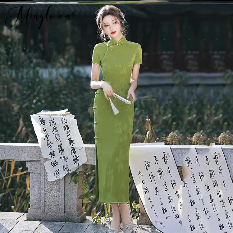 绿色古法全开襟中式长款改良2025新款年轻款女国风复古高级感