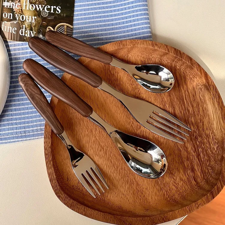 18/10不锈钢仿木纹勺子家用韩式长柄餐勺ins儿童吃饭勺甜品叉餐具