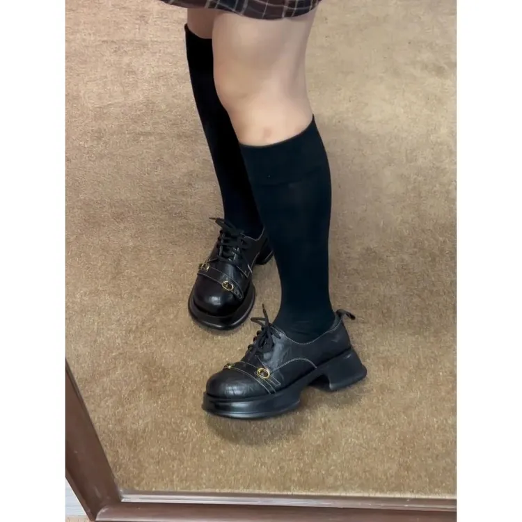 牛皮版~厚底小皮鞋女覆古真皮黑色金属扣系带乐福鞋圆头增高单鞋