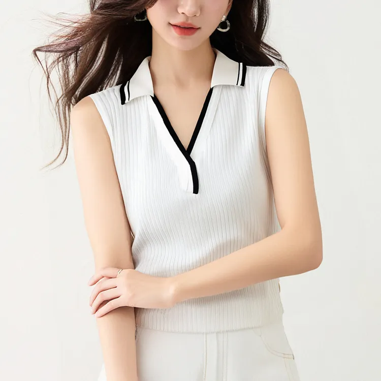 白色无袖针织背心女夏季2025新款韩版polo领时尚显瘦百搭T恤上衣