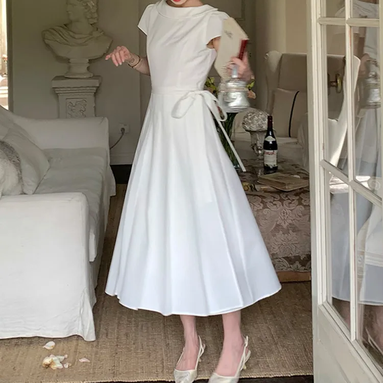 【幸子小姐】设计感系带船领连衣裙2025夏季新款复古短袖长裙2025