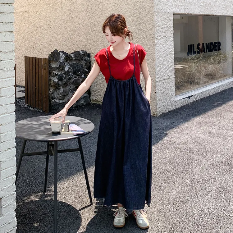 休闲宽松显瘦气质学院风套装2025夏减龄甜美牛仔T恤吊带裙两件套