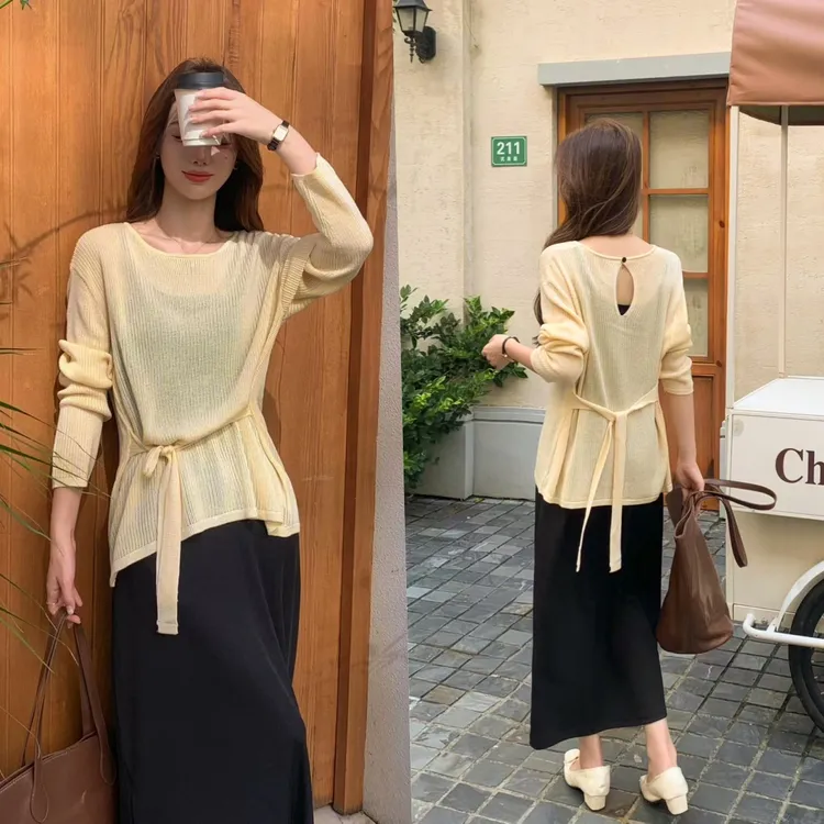 温尔家 镂空针织罩衫女长袖中长款秋季宽松外搭防晒气质女装上衣