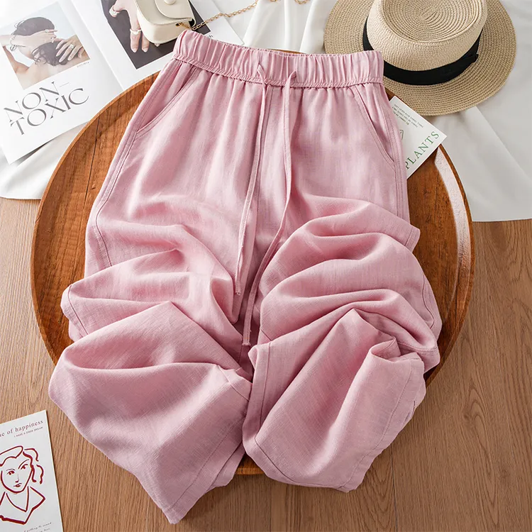 时尚天丝亚麻阔腿裤女士夏季薄2025新款松紧腰宽松休闲垂感直筒裤