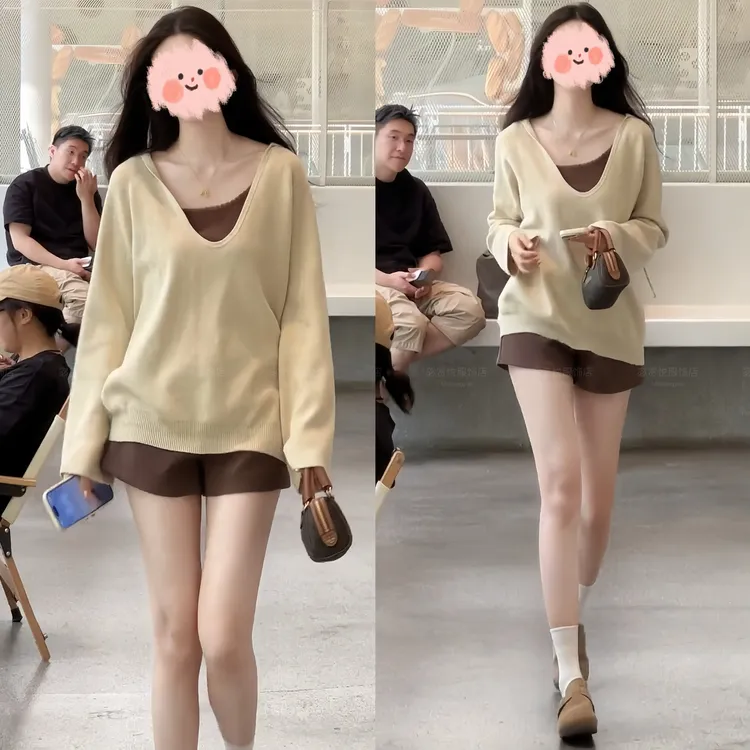 2025早秋新款懒惰风松弛感连帽休闲针织上衣百搭肌理感短裤套装女