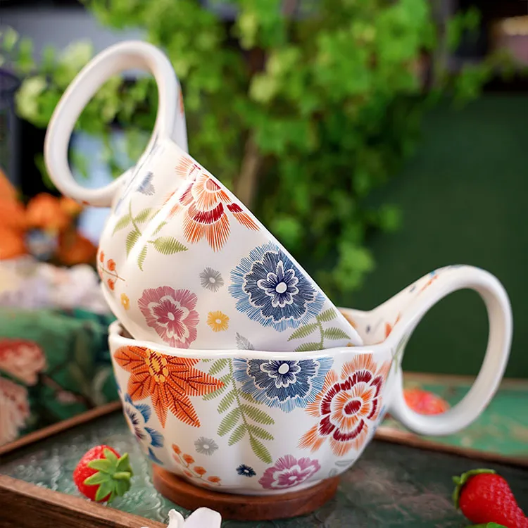  【兮房】锦绣曲把碗家用带勺大容量高档餐具陶瓷耐高温网红高颜值 