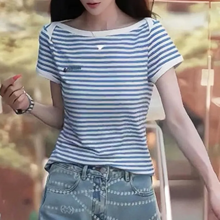 刺绣百搭显瘦上衣2025夏季胖MM大码女装时尚法式撞色条纹短袖T恤