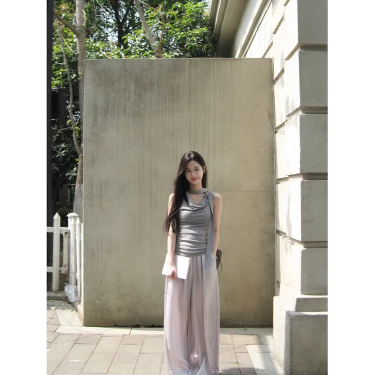 2025新款甜辣风套装气质荡领背心上衣女夏季高腰阔腿休闲裤两件套