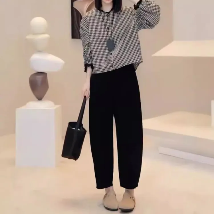 新款宽松减龄格子衬衫高腰休闲阔腿裤女F1914
