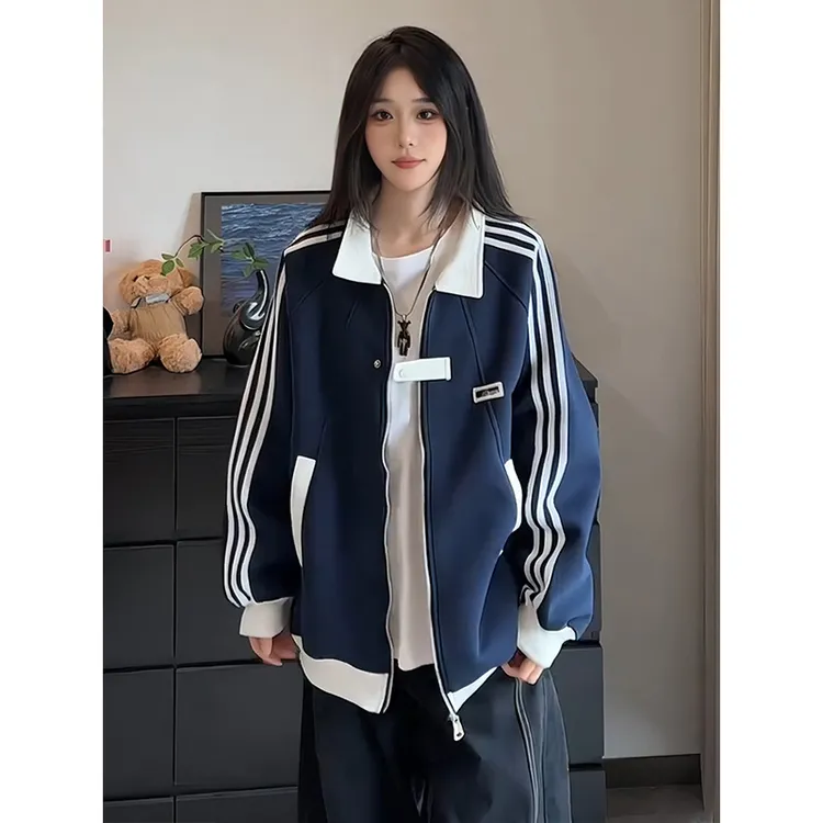 藏青色美式三条杠外套男女款时尚学院风条纹卫衣开衫重磅立领夹克