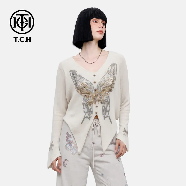 TCH私服烫钻潮牌蝴蝶结修身百搭毛针织开衫女T75A09E5058轻奢tch