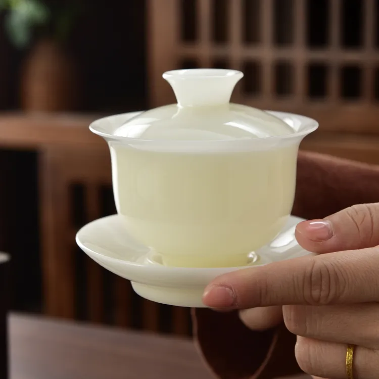 德化冰种璞玉瓷三才盖碗家用高档功夫茶具单杯泡茶碗带盖陶瓷茶杯