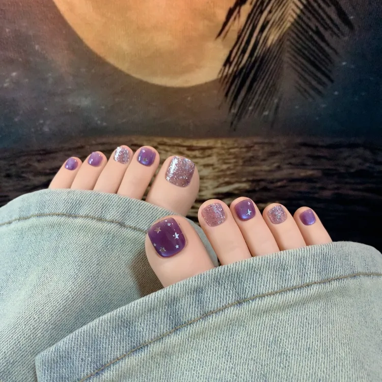   15C（14片纯手工脚趾甲)淡紫繁星光疗闪粉牢固重复用显白脚趾甲