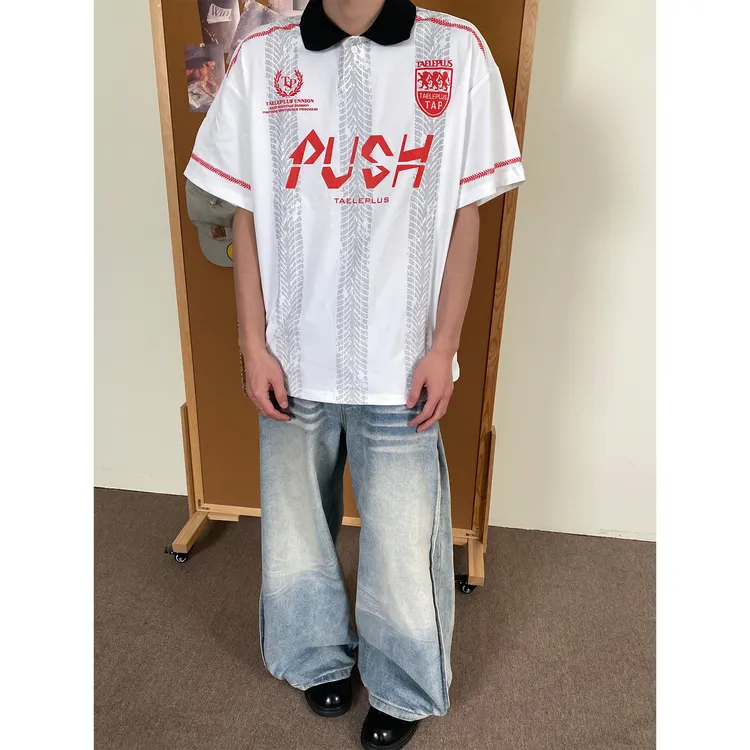 ABCBUFUT美式风车轮印花32号球衣polo衫男女同款宽松休闲运动短袖