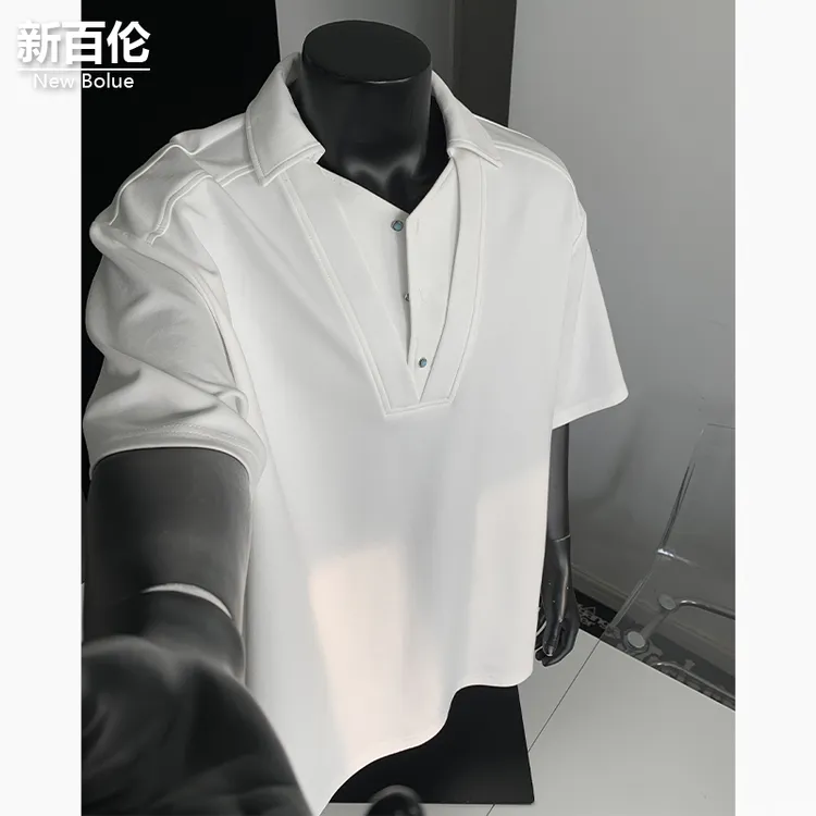 新百伦/NEW BOLUNE夏季薄款双层领短袖男老钱风曼巴棉重磅百搭T恤