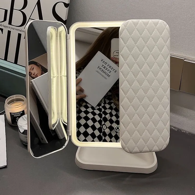 开学宿舍LED台式桌面化妆镜收纳盒贝壳三面折叠梳妆镜调节镜仙女