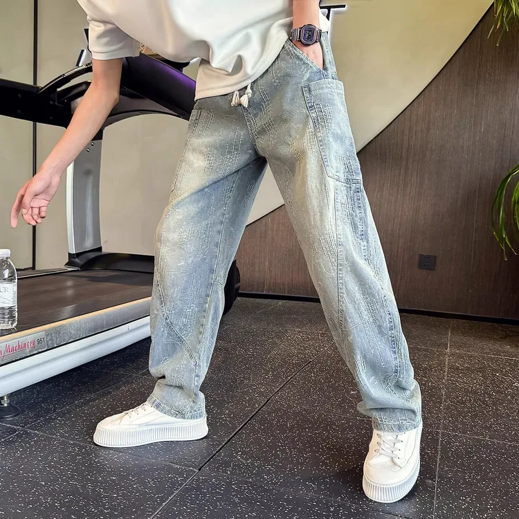 优桓渐变色复古牛仔裤男春秋季拼接直筒休闲裤2025新款男士弯刀裤