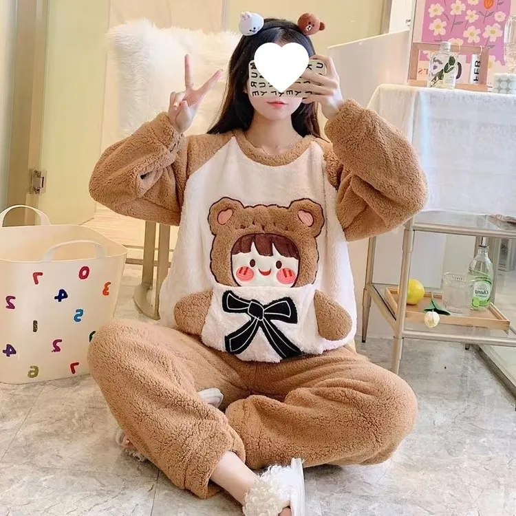 严选洋气睡衣女秋冬季加厚加绒珊瑚绒可爱卡通法兰绒家居服套装可