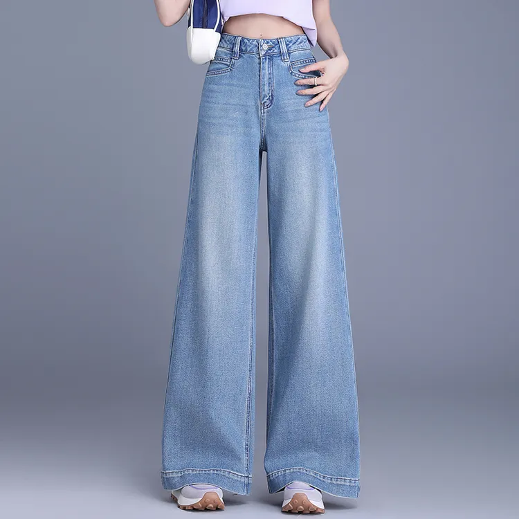 浅蓝色阔腿牛仔裤女2025春季新款高腰垂感宽松显瘦百搭直筒拖地裤