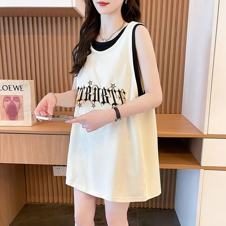 撞色背心假两件洋气T恤女夏季中长款韩版宽松大版减龄休闲上衣服