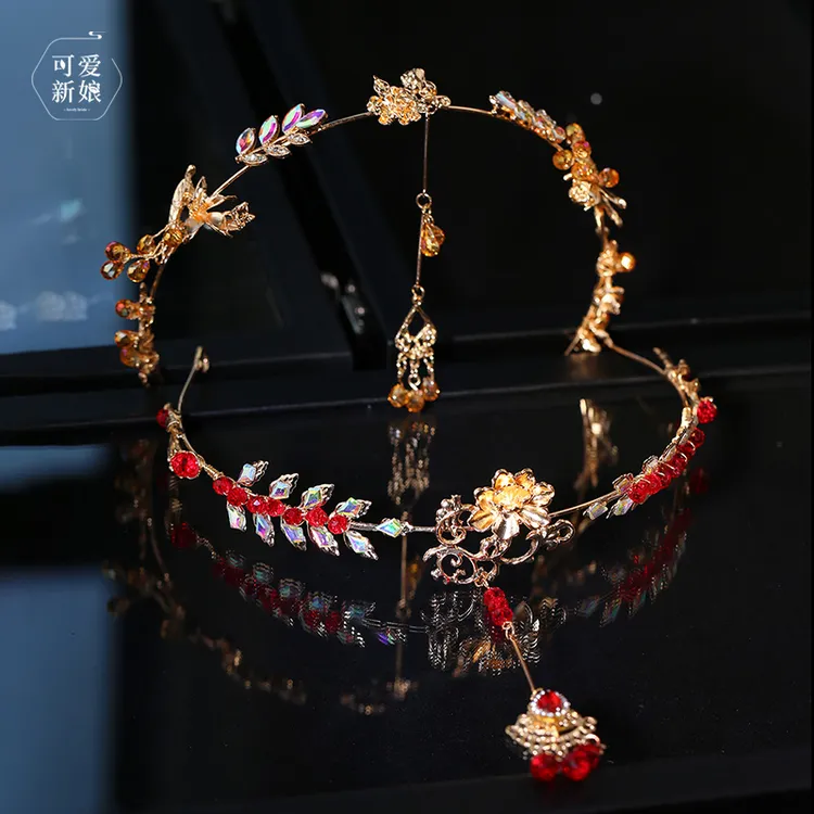 新中式高级感渐变额链红色发箍新娘结婚秀禾龙凤褂配饰HZ1439