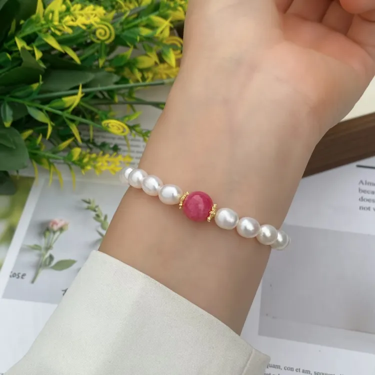 天然珍珠手链强光6-7mm红纹石手串新中式国风弹力绳百搭单圈串珠