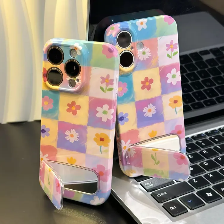 彩色花花格子支架适用iPhone苹果16手机壳华为p70vivo小米15oppo