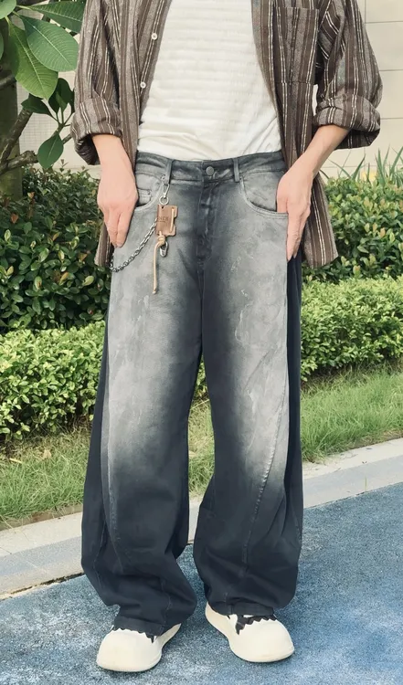 阔腿裤牛仔裤宽松水洗做旧美式休闲牛仔长裤高街扎染赤耳