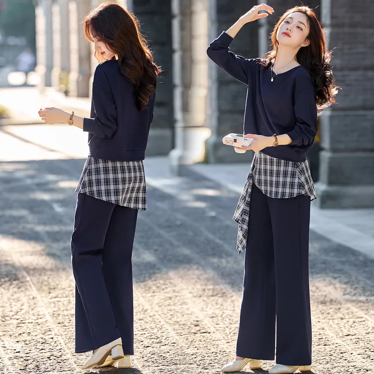 设计感格纹拼接卫衣套装女2025秋季新款洋气减龄微喇叭长裤两件套