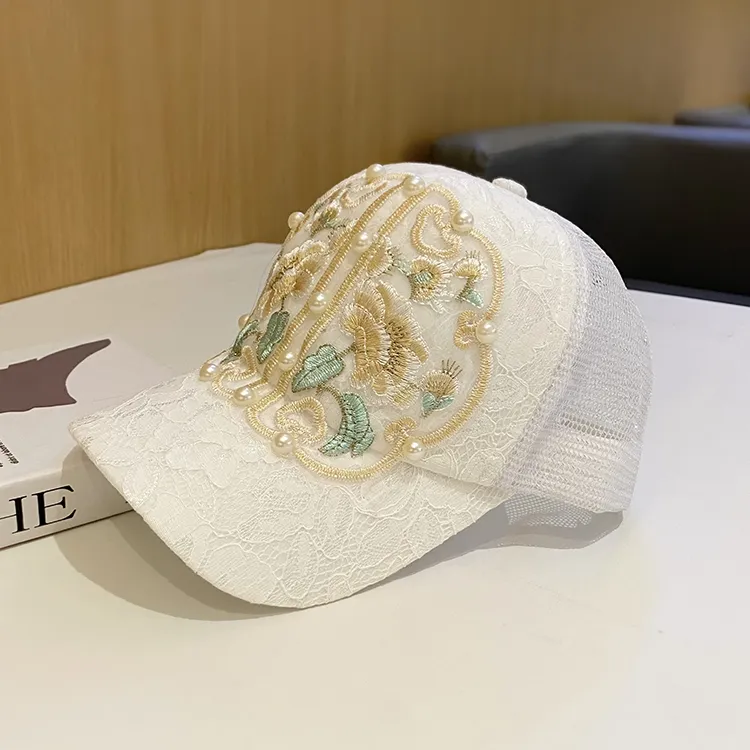 新中式刺绣网纱鸭舌帽子女款潮夏季透气百搭遮阳帽户外出游棒球帽