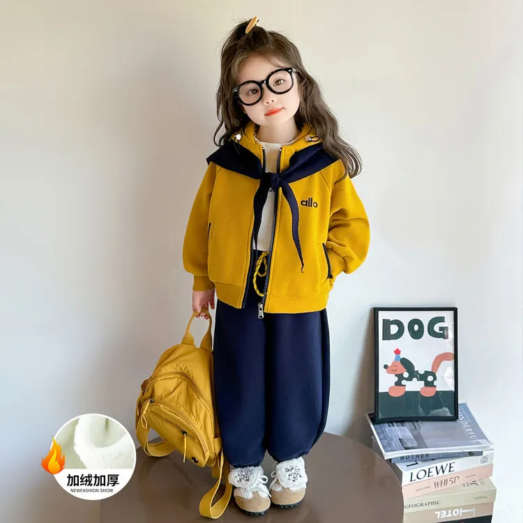 女童冬季加厚一体绒卫衣套装2025新款儿童休闲两件套女宝潮款套装