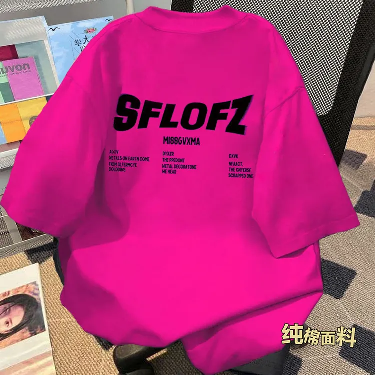 玫红色纯棉潮牌短袖t恤男女夏季黑色圆领宽松情侣款百搭半袖上衣