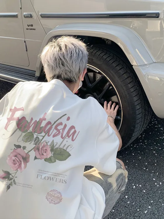 100%纯棉重磅美式图画玫瑰花款夏季宽松ins潮牌白色炸街情侣半袖