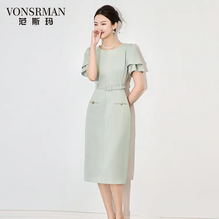 2025夏季新款女装气质高端端庄大气职业荷叶袖连衣裙收腰显瘦裙子