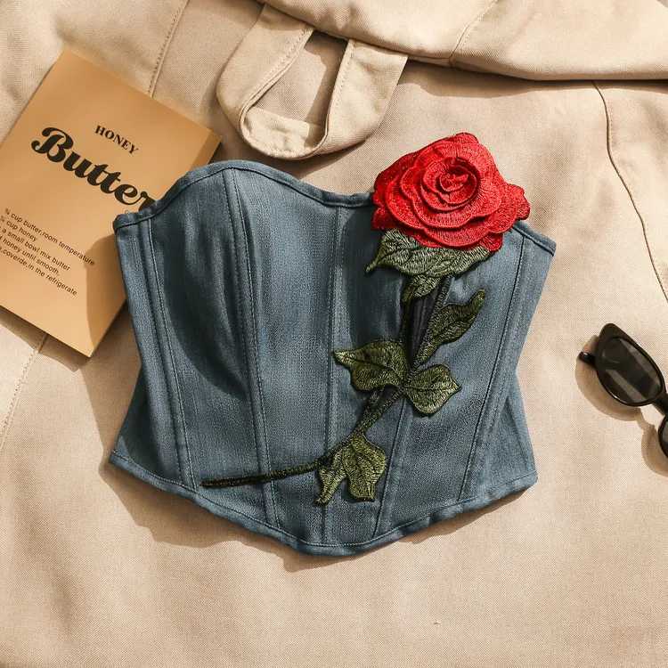 法式玫瑰刺绣鱼骨抹胸吊带背心女夏季高级感性感美背修身短款上衣