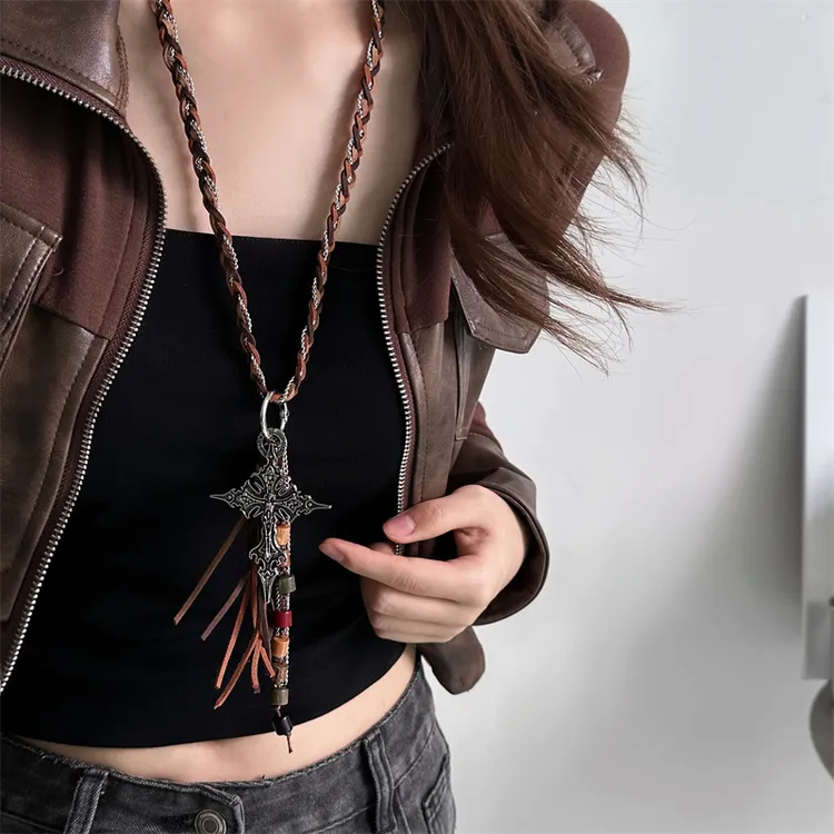 合金皮质项链 X6053-1民族风编绳十字架流苏项链时尚百搭复古个性