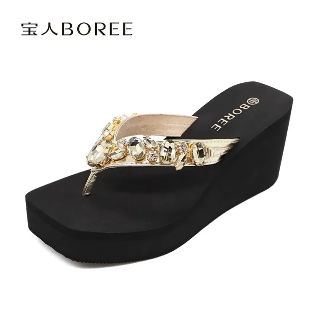 宝人水钻拖鞋女外穿2025夏季高跟凉拖沙滩鞋时尚百搭海边人字拖厚